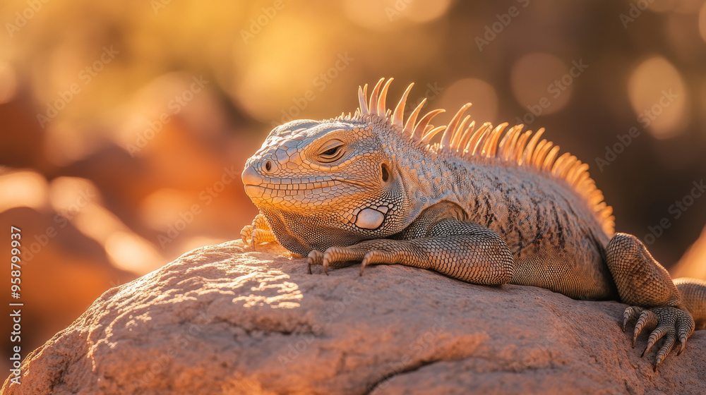 Sunlit Iguana Relaxing on Rock in Desert Landscape Sunlit Iguana Relaxing on Rock in Desert Landscape