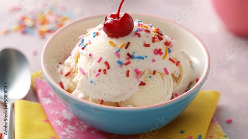 Sweet Treat Delight: Ice Cream Sundae with Sprinkles and Cherry on Colorful Napkin