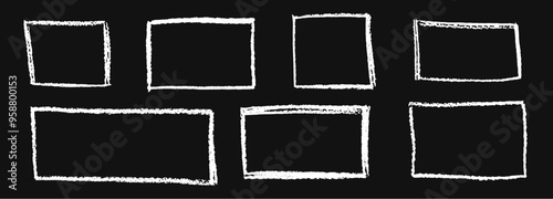 Set of white chalk hand drawn frames. Collection of writing on black board by children rectangular and square geometric shapes. Vector white doodle style outline text boxes with grunge texture.