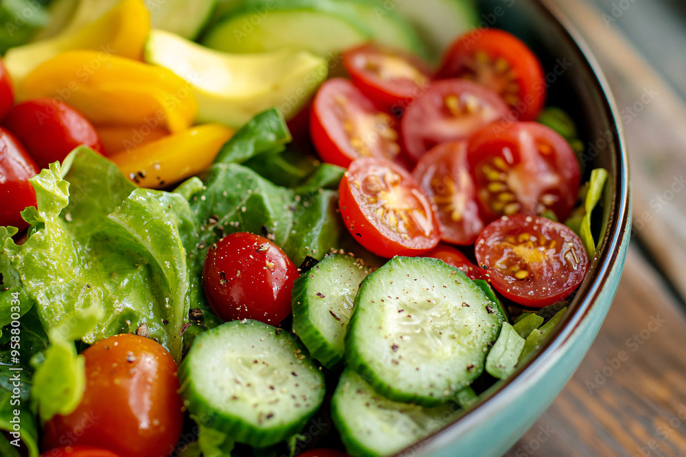 Healthy raw salad with tomatoes, cucumber and lettuce in bowl Healthy raw salad with tomatoes, cucumber and lettuce in bowl