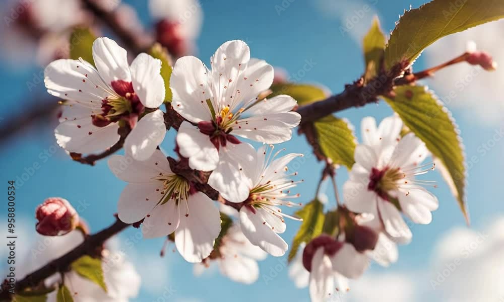 Close-up of white cherry blossom flowers on a branch against a blue sky.