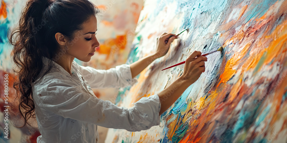 Obraz premium Creative Hispanic woman in art studio, applying paint to large canvas with brush.