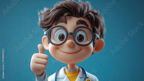 full height cartoon character smart prou confident doctor wears glasses an shows thumb up isolate on blue backgroun social approval like gesture