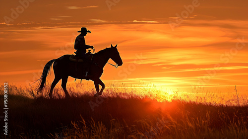 Silhouette image of a cowboy riding a horse