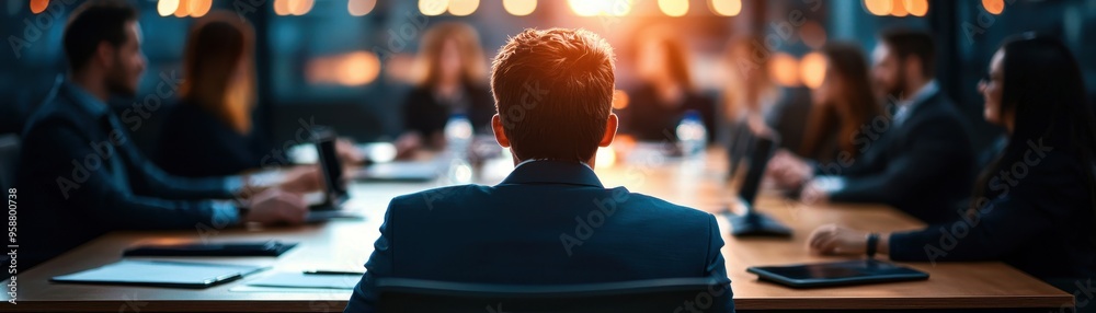 Business meeting in modern office with diverse professionals discussing strategy, viewed from behind a leader. Focus on teamwork and collaboration. Business meeting in modern office with diverse professionals discussing strategy, viewed from behind a leader. Focus on teamwork and collaboration.
