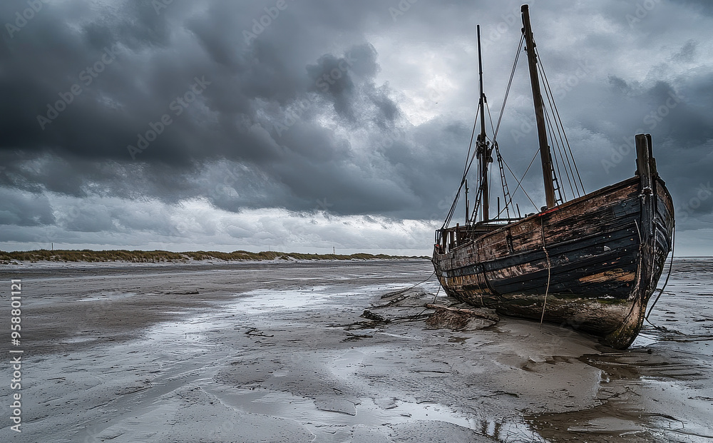 Obraz premium A striking image of a weathered boat stranded on a deserted beach, with dark, stormy clouds looming overhead, creating a dramatic and haunting coastal scene.