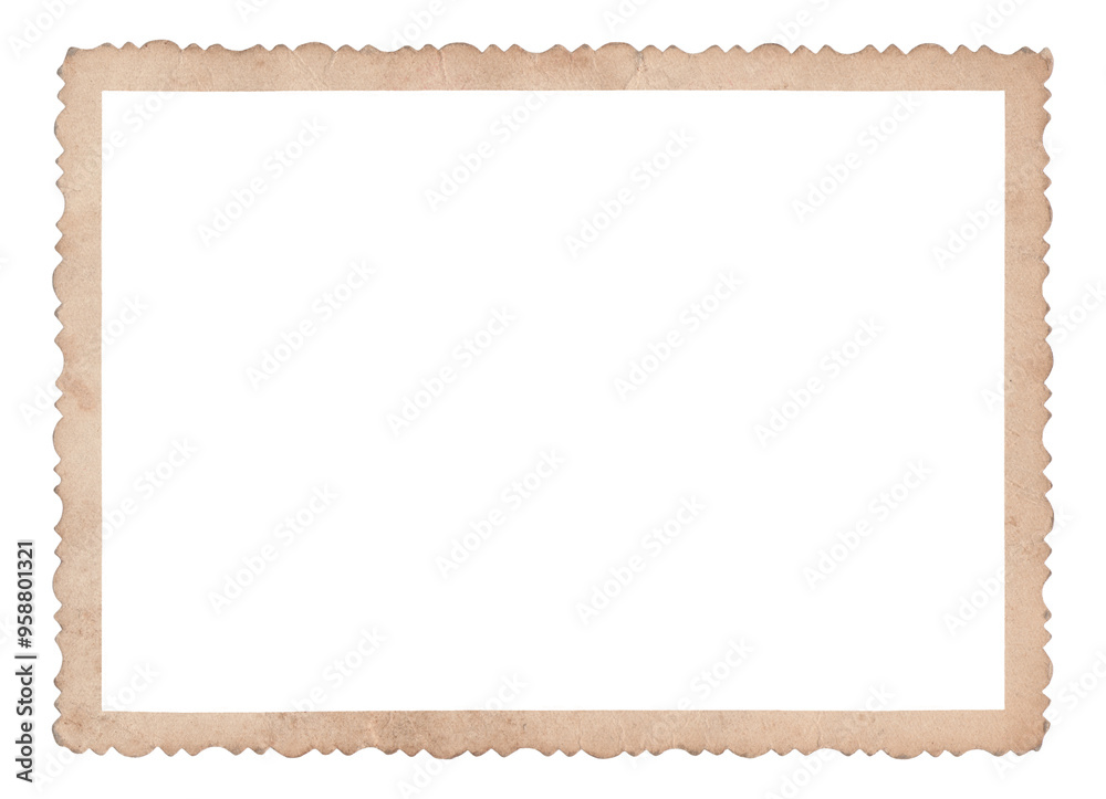 Vintage photo paper frame with scalloped edge isolated on transparent background. Scanned material for retro photo frames and templates