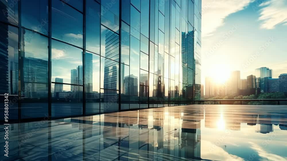 office building or business center. window buildings made of glass reflect the clouds and the sunset. empty street outside  wall modernity civilization, commercial, skyscraper, architecture
