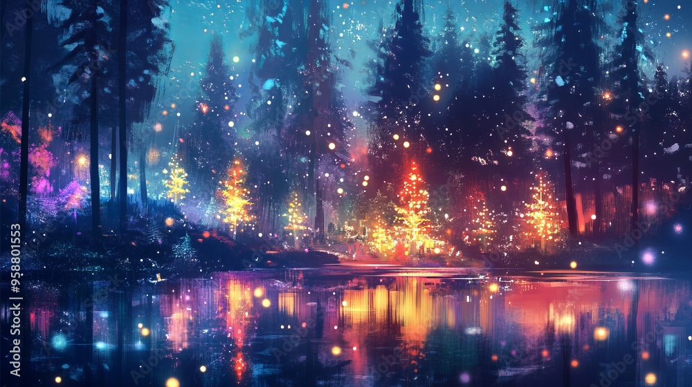 Fototapeta premium Glowing Christmas Trees in a Magical Forest Wonderland