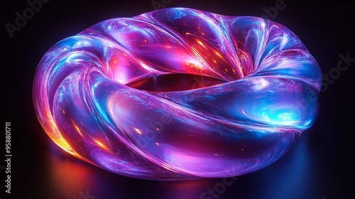 iridescent glass tangle torus reflecting neon light an glowing in dark minimalist geometric object isolate on black backgroun fantastic bubble