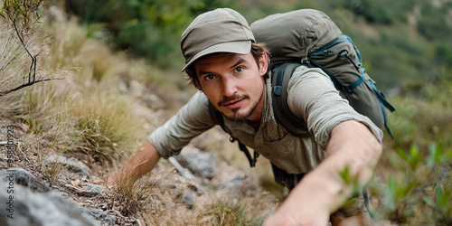 Adventurous Caucasian man in hiking gear, exploring mountain trail.