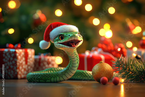 Cute snake under the Christmas tree. 2025 year of the snake calendar
