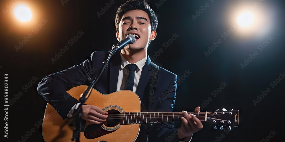Charming Asian man in suit, playing guitar and singing for friends at gathering.
