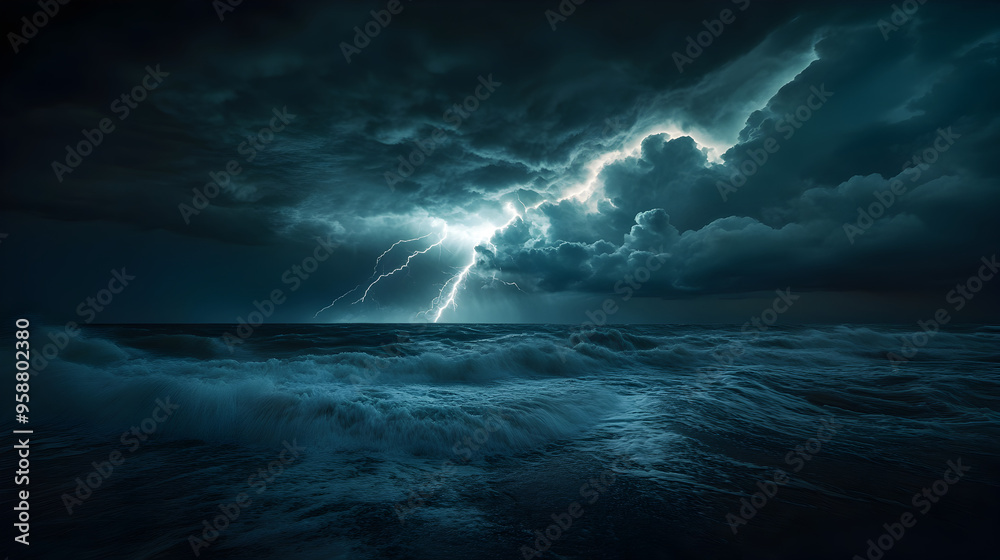 A high-contrast photograph of a lightning storm over a dark ocean, with dramatic bolts of lightning illuminating the churning waves and storm clouds.
A high-contrast photograph of a lightning storm over a dark ocean, with dramatic bolts of lightning illuminating the churning waves and storm clouds.