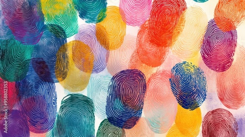Abstract art of overlapping handprints in bright, vibrant colors
