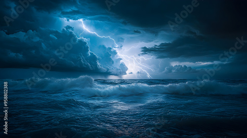 A high-contrast photograph of a lightning storm over a dark ocean, with dramatic bolts of lightning illuminating the churning waves and storm clouds.