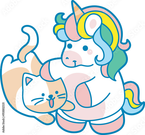 Illustration of cute unicorn activities icon.
Funny rainbow unicorn daily routine stickers.