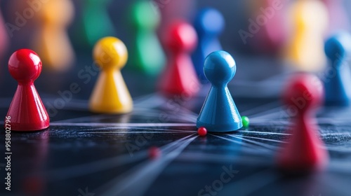 Wallpaper Mural Colorful game pieces connected by lines on a dark surface, symbolizing networking, teamwork, and strategic planning. Torontodigital.ca