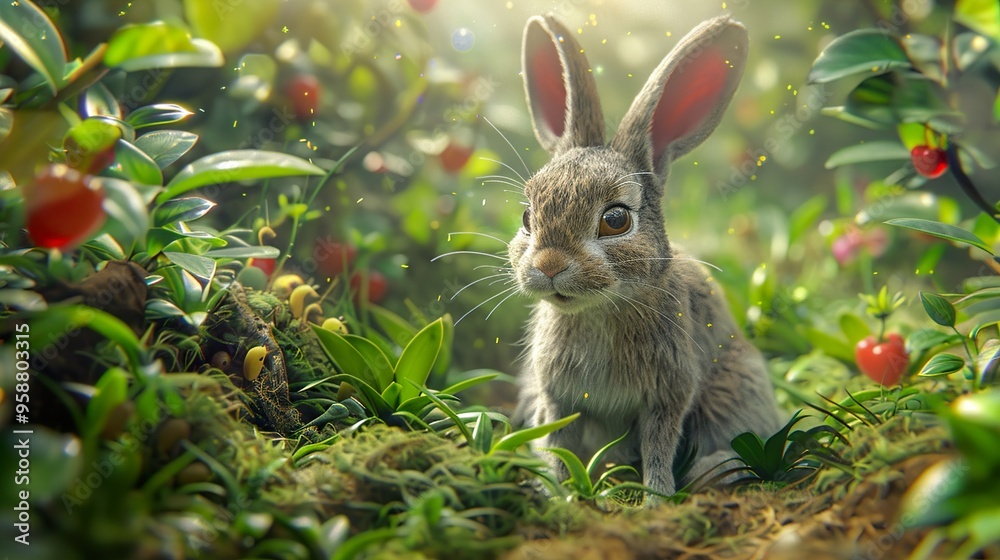 A cute rabbit sits in a lush green forest, surrounded by berries and sunlight. A cute rabbit sits in a lush green forest, surrounded by berries and sunlight.