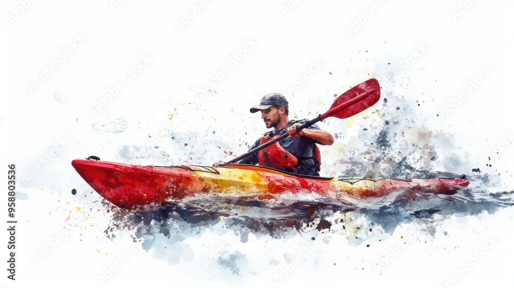 Watercolor painting of a man kayaking in water Watercolor painting of a man kayaking in water