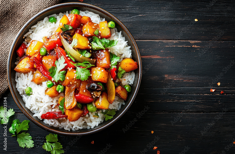 Stir-fry vegetables including bell peppers, peas, and onions served on a bed of white rice in a black bowl, garnished with fresh cilantro and presented on a dark wooden background. Stir-fry vegetables including bell peppers, peas, and onions served on a bed of white rice in a black bowl, garnished with fresh cilantro and presented on a dark wooden background.