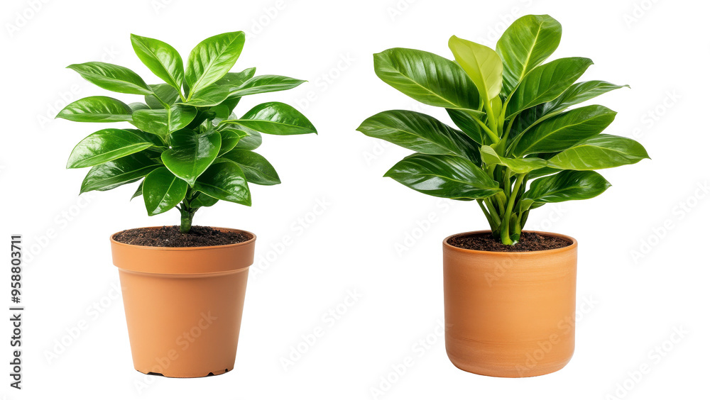 Fototapeta premium Two potted plants, one green and one brown, sit side by side on a transparent background.