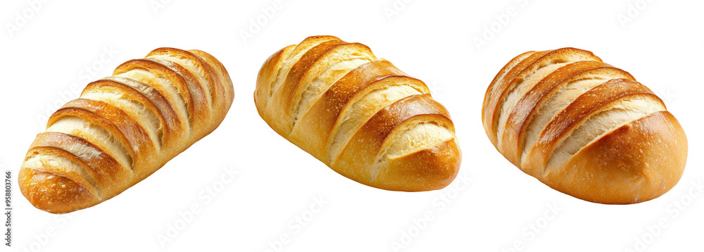 Three loaves of bread are shown, with the top one being the largest on a transparent background.