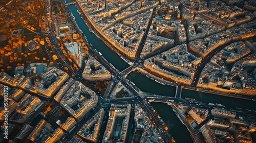 France's Paris panorama architecture from above Paris skyline from above, the Seine river