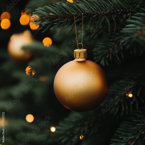 Golden Christmas ornaments hanging from a green fir tree shiny and elegant soft lights reflecting off the decorations red and gold palette festive and joyful atmosphere