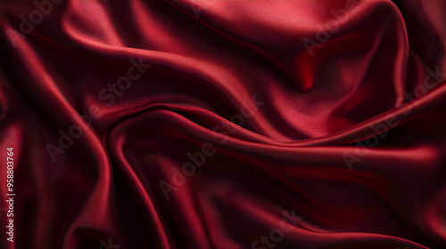 The smooth, silky texture of satin fabric in a rich, deep red color, draped in gentle folds that catch the light and create soft shadows.