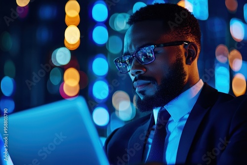 Focused businessman working late on laptop in an office with colorful bokeh lights in the background.