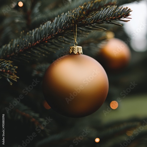 Golden Christmas ornaments hanging from a green fir tree shiny and elegant soft lights reflecting off the decorations red and gold palette festive and joyful atmosphere