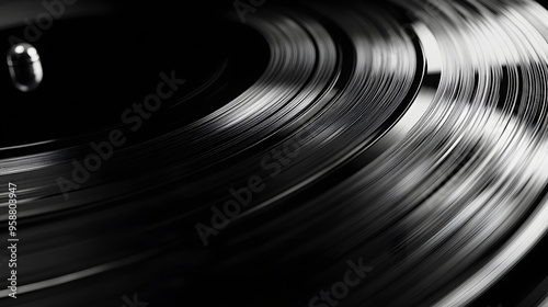 The smooth, sleek texture of a vinyl record, with fine grooves and a glossy black surface that reflects light in subtle waves.