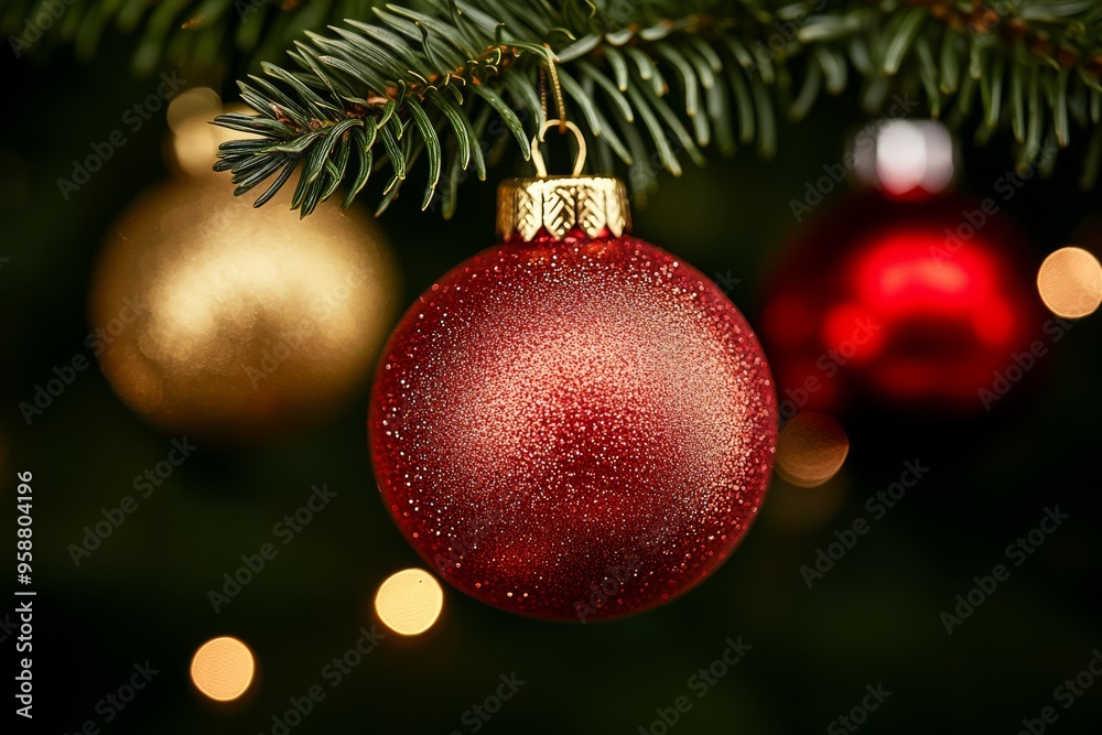 Golden Christmas ornaments hanging from a green fir tree shiny and elegant soft lights reflecting off the decorations red and gold palette festive and joyful atmosphere Golden Christmas ornaments hanging from a green fir tree shiny and elegant soft lights reflecting off the decorations red and gold palette festive and joyful atmosphere
