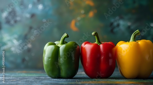 vibrant display of three bell peppers in green, red, and yellow, lined up on a textured surface against a rustic background. Perfect for food photography, culinary designs, or healthy eating photo