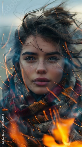 captivating close-up of a woman wrapped in a colorful knit scarf, her face illuminated by the warm glow of a fire. Her bright eyes and soft smile create a cozy, inviting atmosphere, perfect for fashio photo