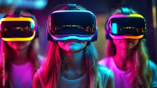 Three young girls wearing vr headsets experiencing virtual reality