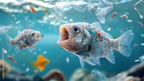 Predator fish chasing smaller fish filled with microplastics, emphasizing the bioaccumulation of pollution. photo