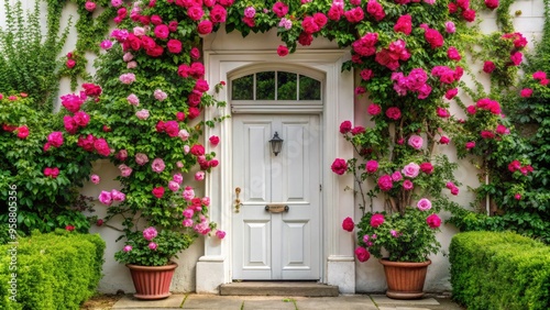 A beautiful climbing rose entwines around a classic white front door, its vibrant pink blooms and lush green foliage creating a warm and inviting entrance.