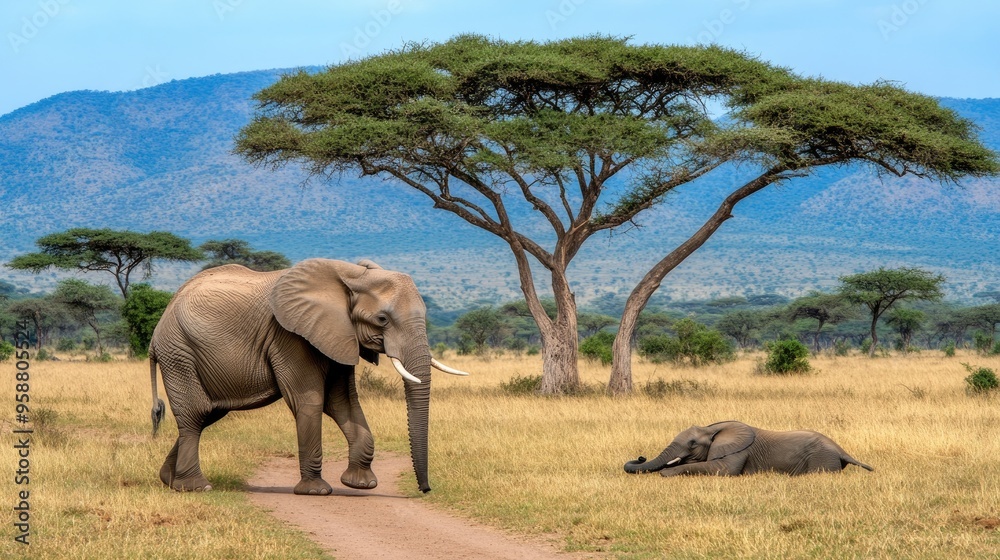 Fototapeta premium A powerful elephant gazes calmly in the savannah, its trunk relaxed and strong legs poised to explore the grassy terrain during dusk
