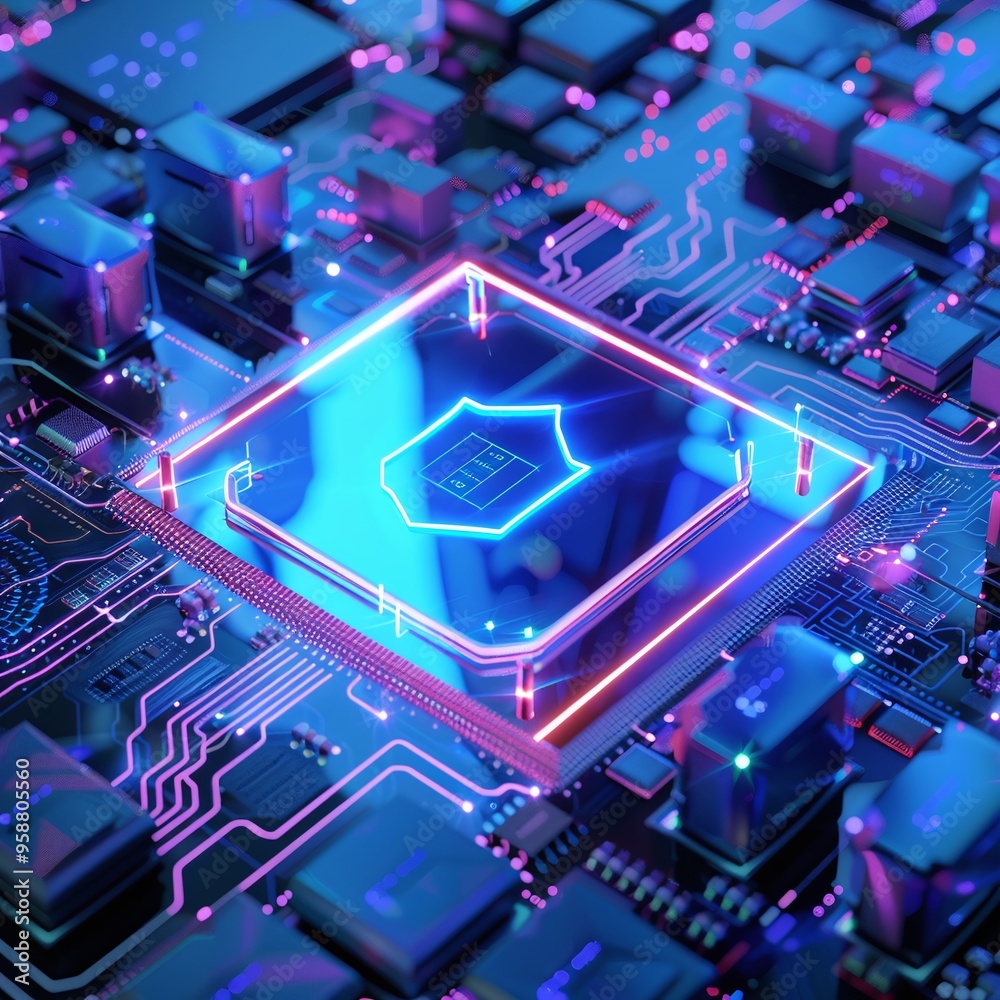 Futuristic glowing microchip in vibrant blue and pink hues on a detailed motherboard, representing advanced technology and innovation. Futuristic glowing microchip in vibrant blue and pink hues on a detailed motherboard, representing advanced technology and innovation.