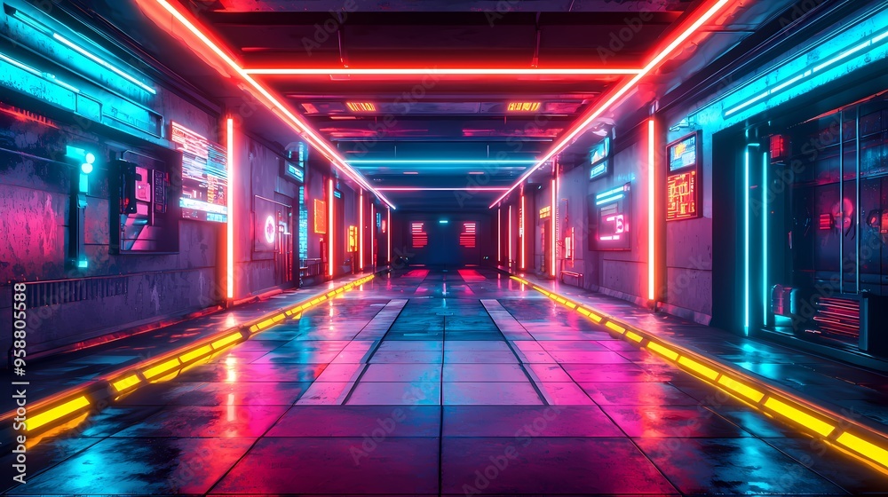 Futuristic hallway with vibrant neon lights and sleek, shiny surfaces. Futuristic hallway with vibrant neon lights and sleek, shiny surfaces.