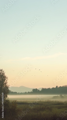 A serene morning landscape with mist, gentle colors, and distant mountains. Perfect for peaceful nature themes and backgrounds.