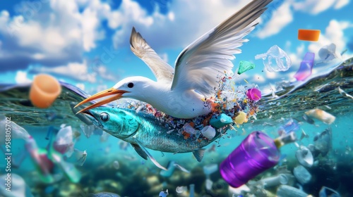 Sea bird trying to feed on a fish tangled in microplastics, highlighting the broader impact on the food web.