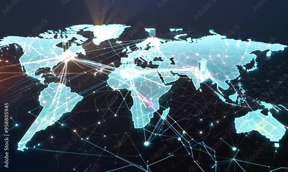 A digital map of the world with glowing nodes representing connected computers.
