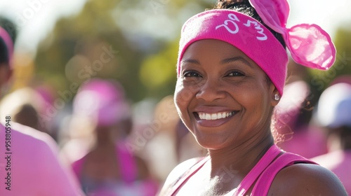 A breast cancer survivor participating in a charity event. photo