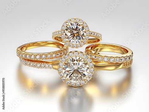3D illustration three different yellow gold diamonds rings with reflection