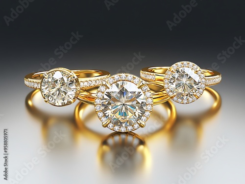 3D illustration three different yellow gold diamonds rings with reflection