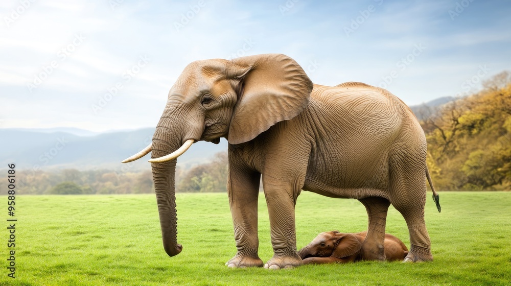 Fototapeta premium A powerful elephant gazes calmly in the savannah, its trunk relaxed and strong legs poised to explore the grassy terrain during dusk