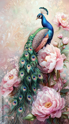 An exquisite illustration of a regal peacock perched gracefully among lush peony flowers, showcasing vibrant colors and intricate details in a beautiful composition.